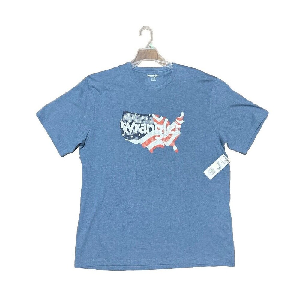 NWT Wrangler Mens Blue Graphic Tee Shirt USA Flag Patriotic Americana Casual